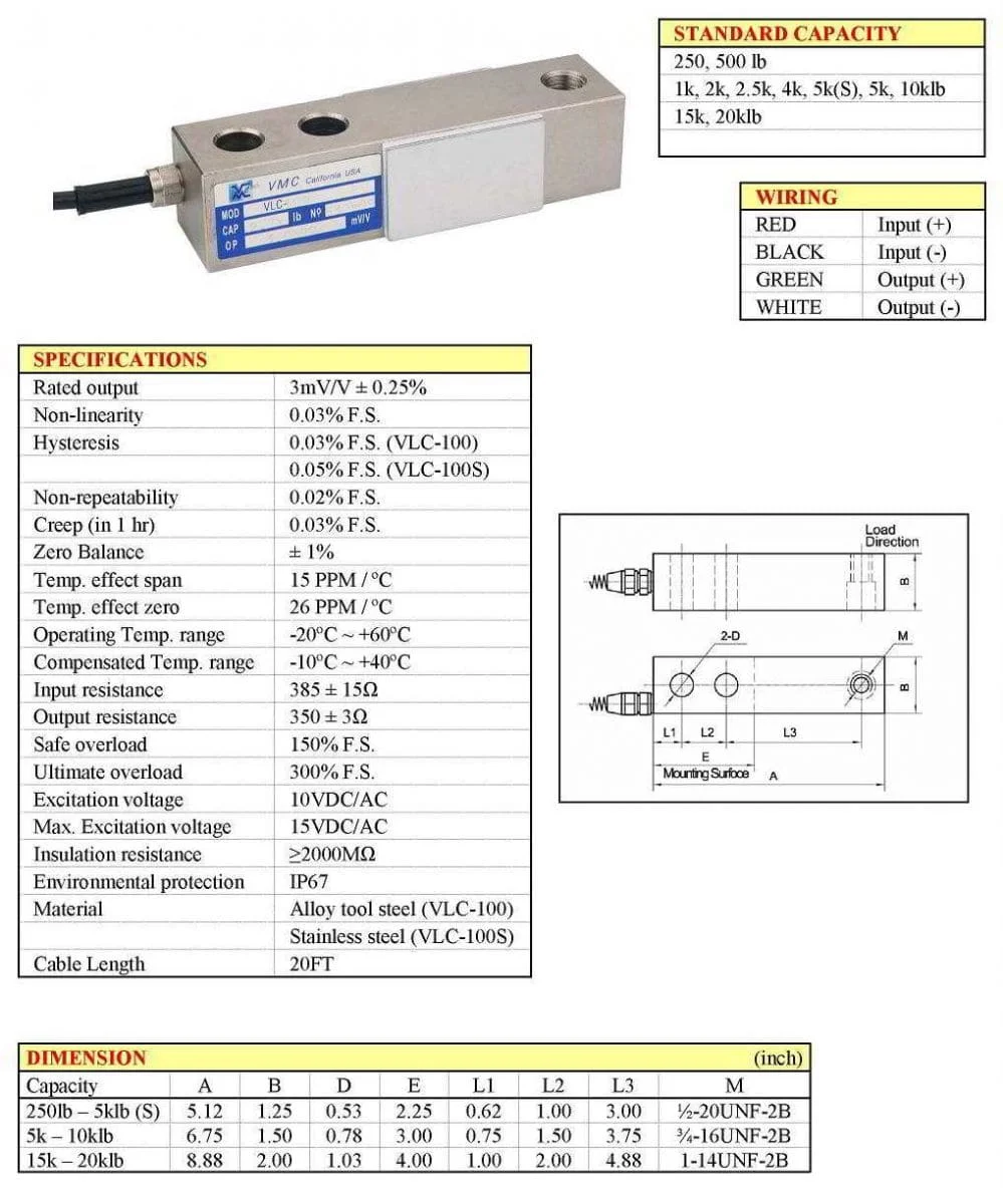thông số kỹ thuật loadcell VLC-100