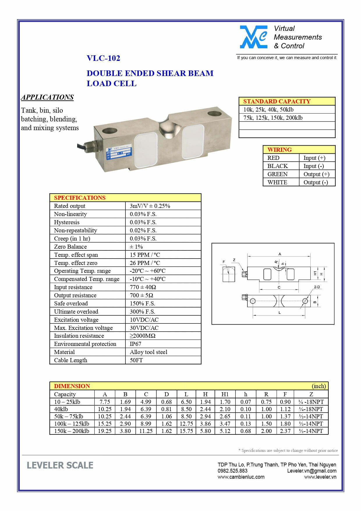 bảng thông số kỹ thuật loadcell vmc 102